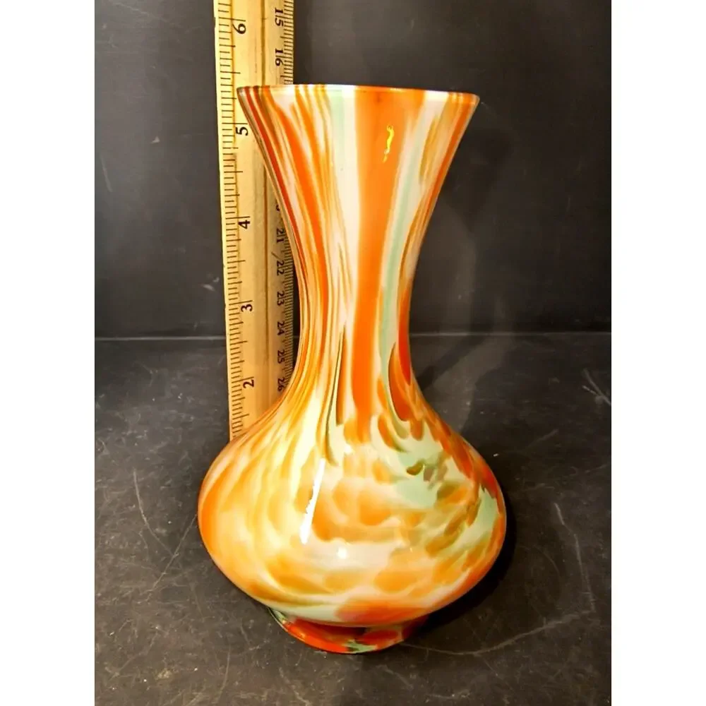 1843.  Art Glass Vase Bright End of Day Swirl Pattern Orange White and Green